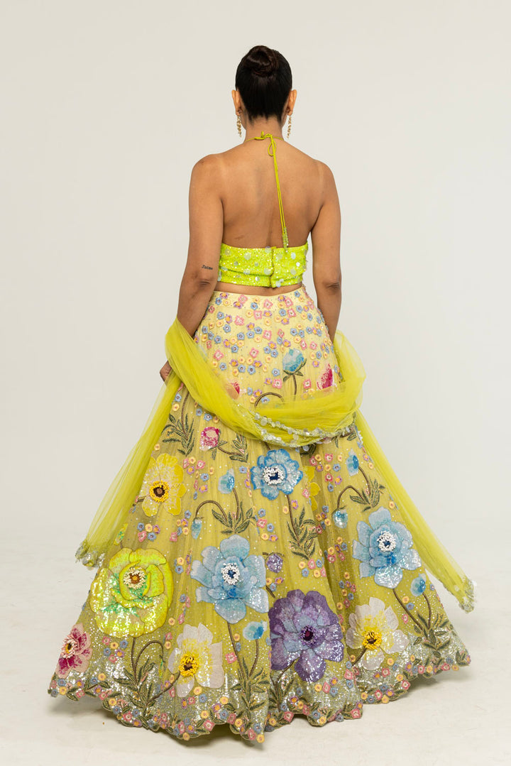 Peonies Hand-Embroidered Lehenga Set in Lime Ombre