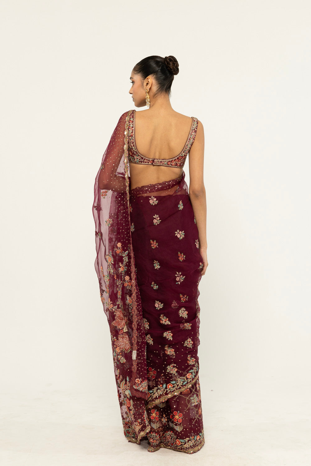 Chintz Hand-Embroidered Saree Set in Burgundy