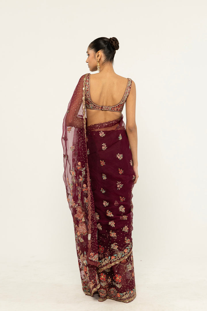 Chintz Hand-Embroidered Saree Set in Burgundy