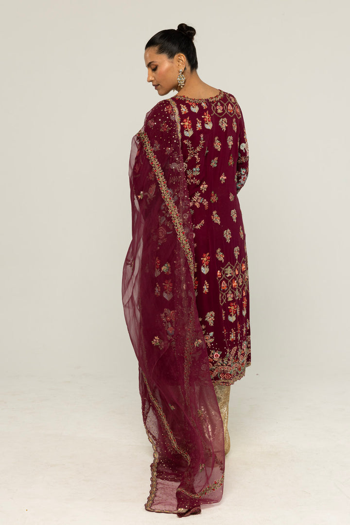Chintz Hand-Embroidered Kurta Set in Burgundy