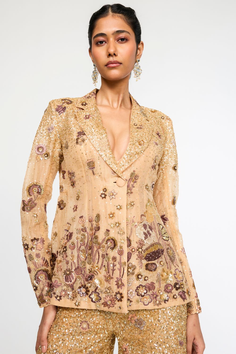 Garden Of Time Hand-Embroidered Jacket with Trousers in Nude and Bronze