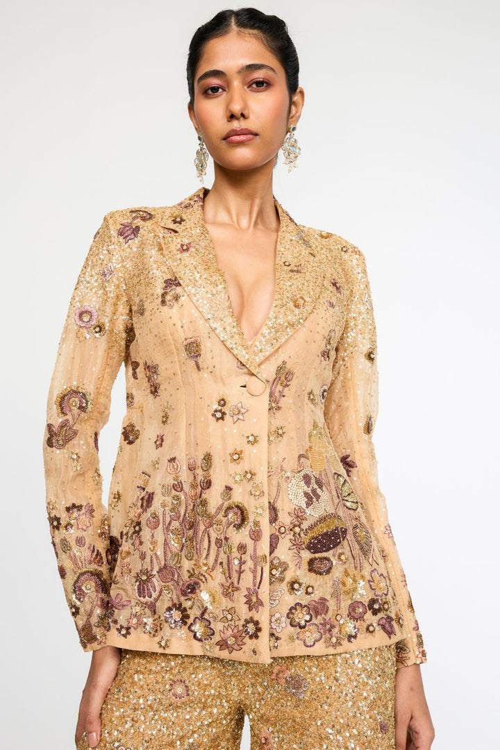 Garden Of Time Hand-Embroidered Jacket with Trousers in Nude and Bronze