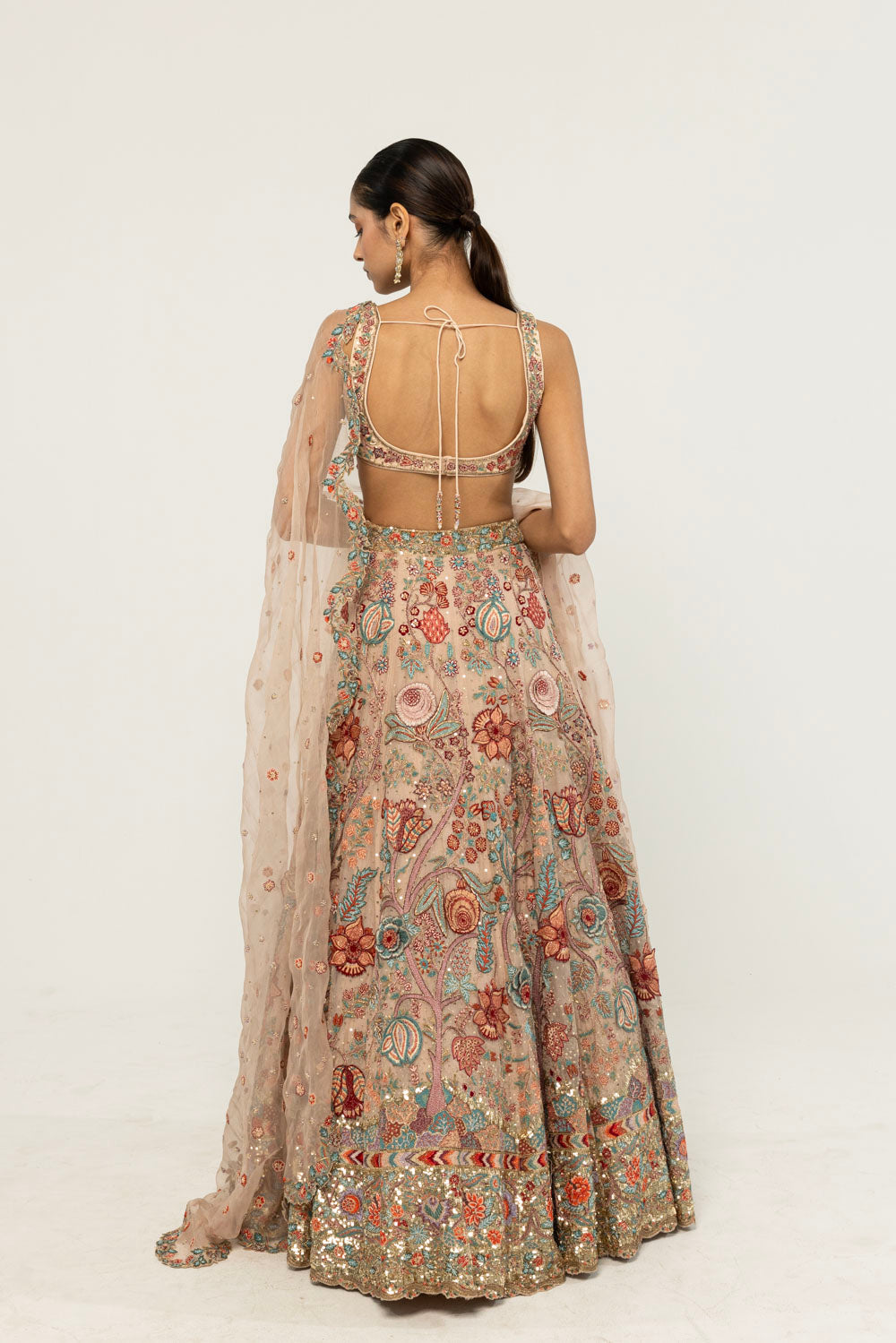 Chintz Hand-Embroidered Lehenga Set in Pastel Peach