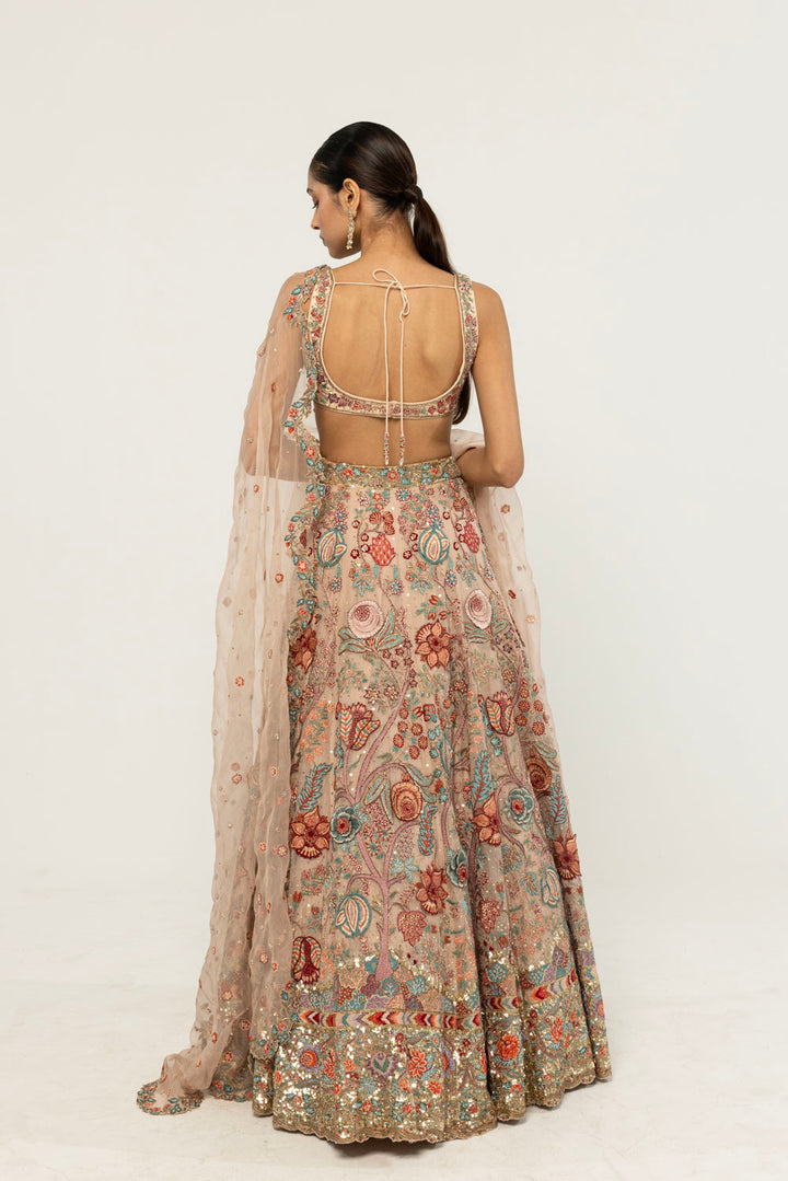 Chintz Hand-Embroidered Lehenga Set in Pastel Peach