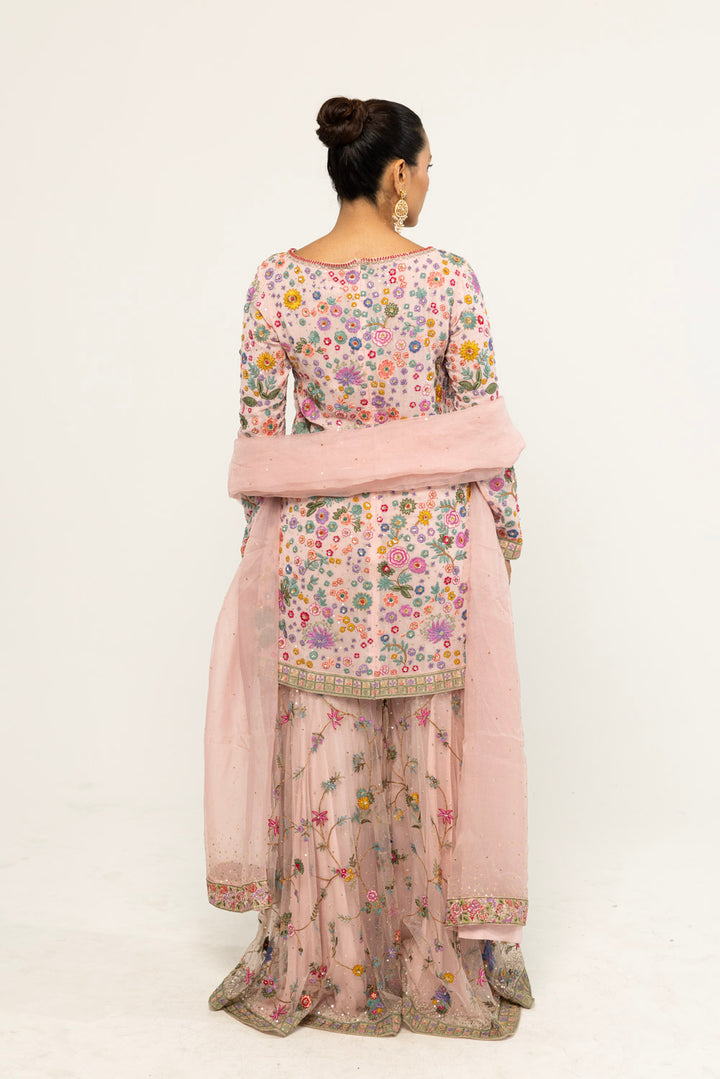 Haveli Hand-Embroidered Sharara Set in Lavender