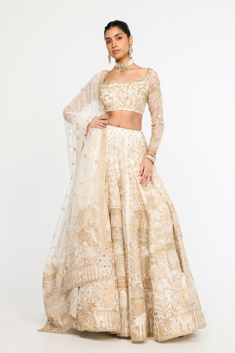 Jharokha Hand-Embroidered Lehenga Set with Blouse, Dupatta and Veil in Ivory