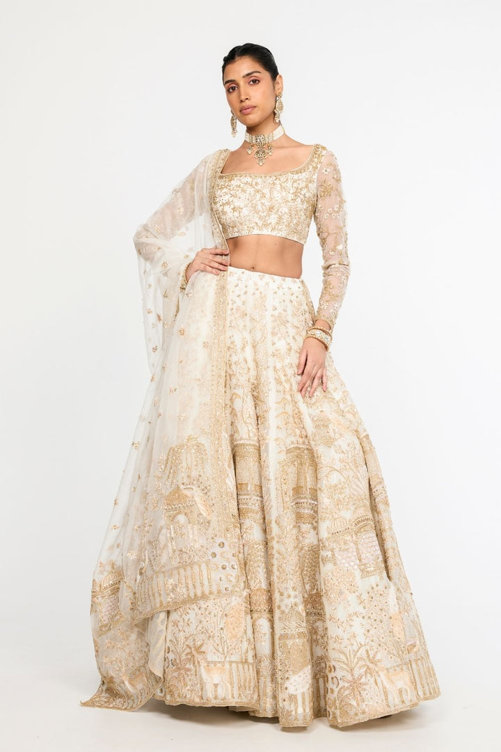 Jharokha Hand-Embroidered Lehenga Set with Blouse, Dupatta and Veil in Ivory