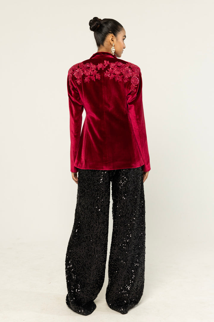 Anar Bel Hand-Embroidered Jacket in Burgundy