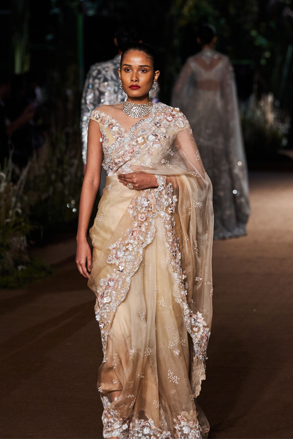Himadri Ombré Hand-Embroidered Saree with Hand-Embroidered Blouse in Ivory and Beige Ombre