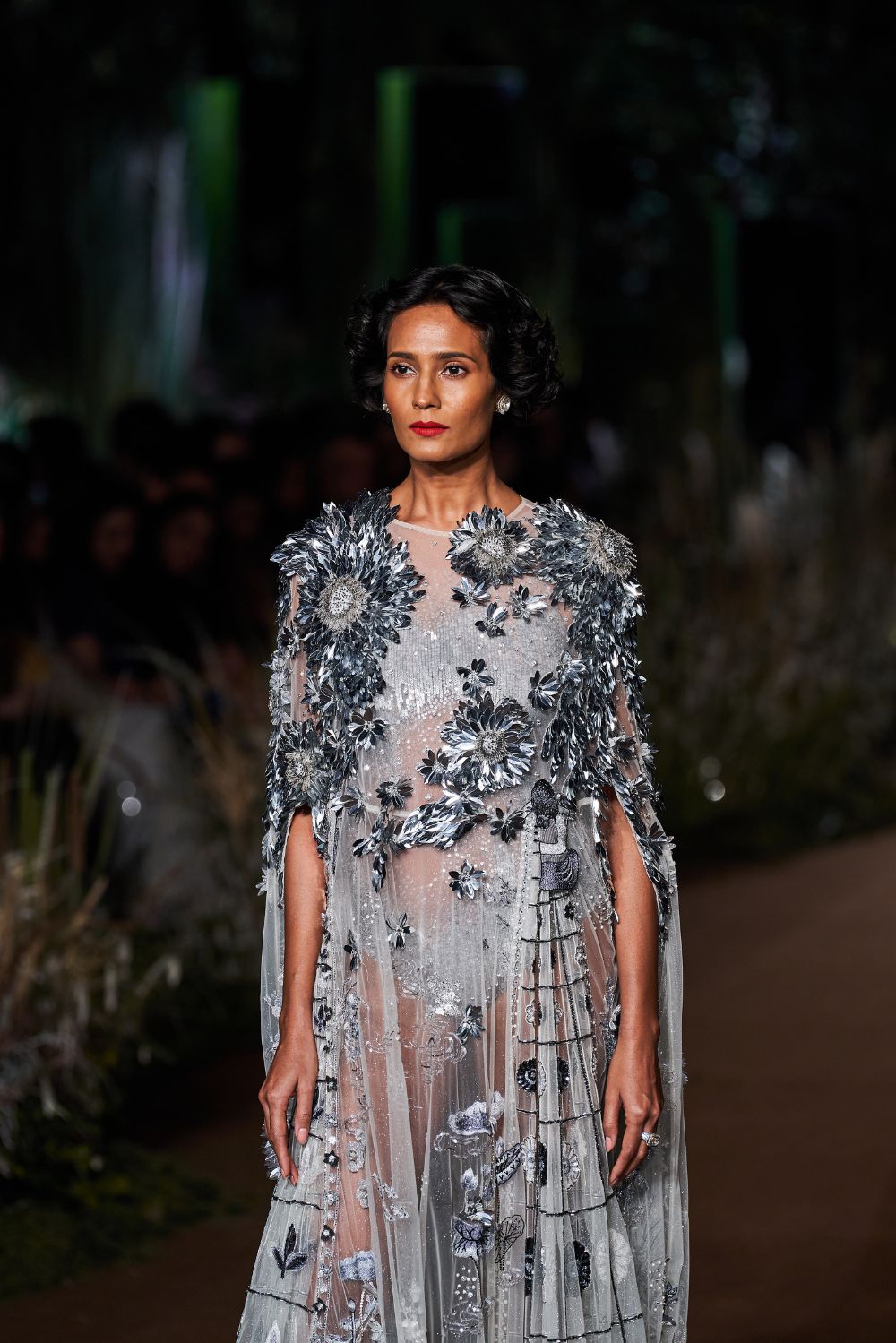 Padma Hand-Embroidered Gown with Classic Hand-Embroidered Leotard in Ivory and Silver