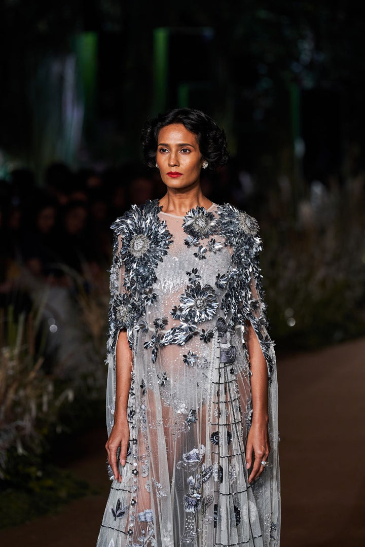 Padma Hand-Embroidered Gown with Classic Hand-Embroidered Leotard in Ivory and Silver