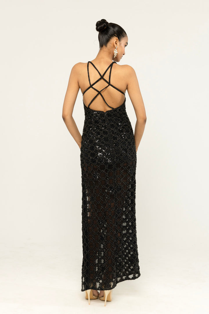 Lattice Hand-Embroidered Gown in Black