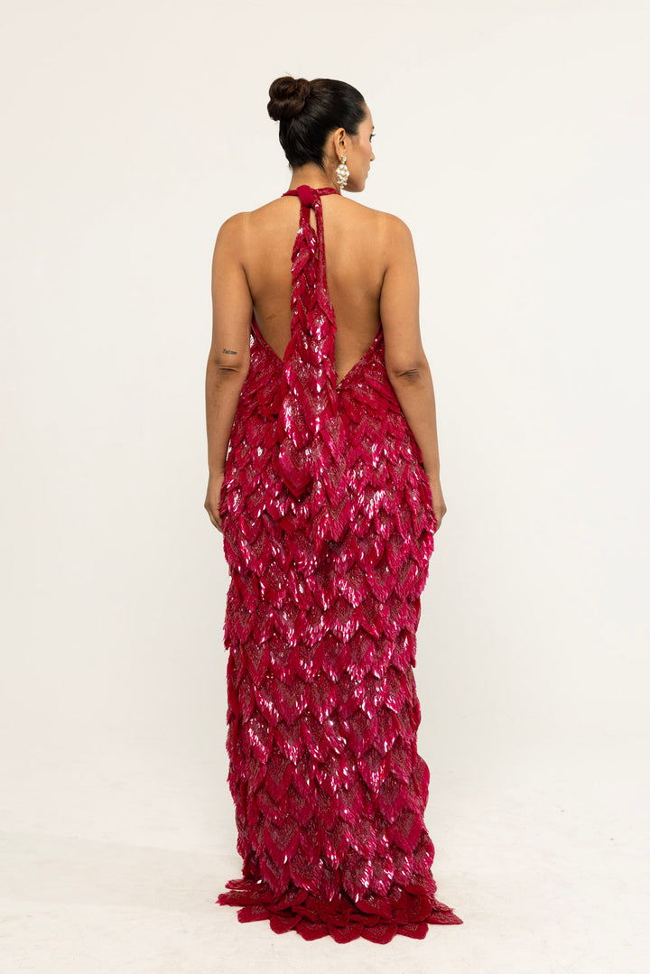 Iris Hand-Embroidered Gown in Ruby
