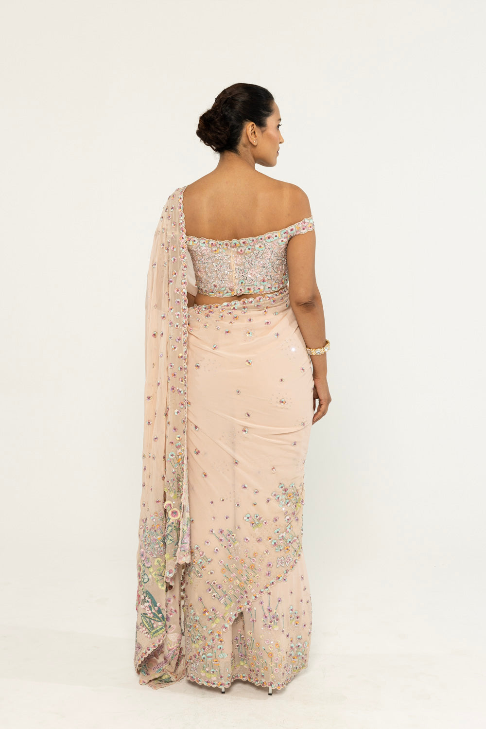 Verdure Hand-Embroidered Saree Set in Pale Pink
