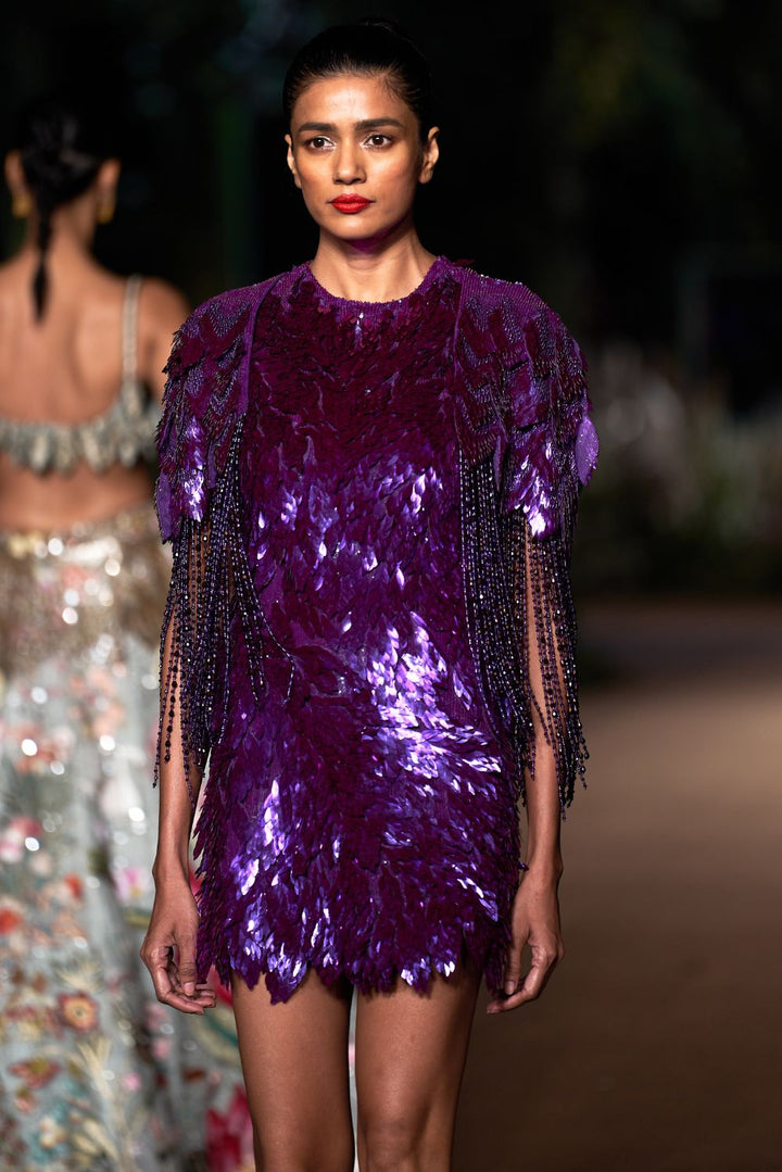 Iris Hand-Embroidered Cape with Dress in Gold and Purple