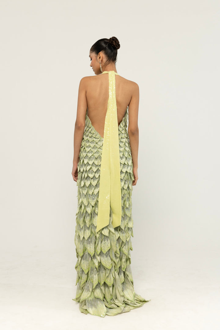 Medinilla Hand-Embroidered Gown in Mint