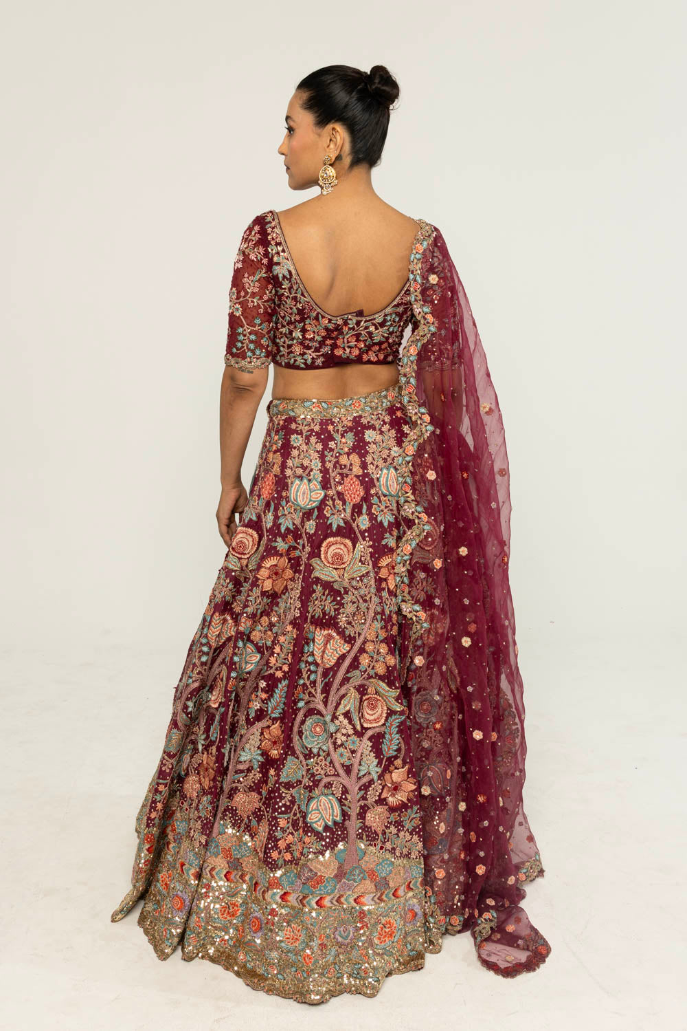 Chintz Hand-Embroidered Lehenga Set in Burgundy