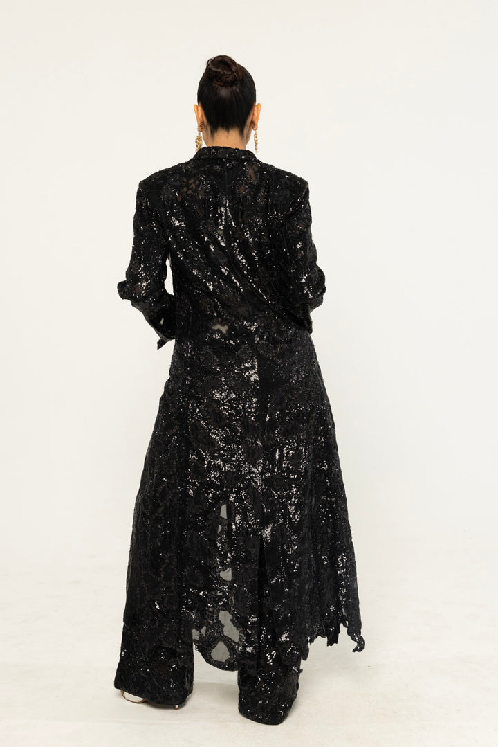 Textured Leaf Hand-Embroidered Trench Co-ord Set in Black