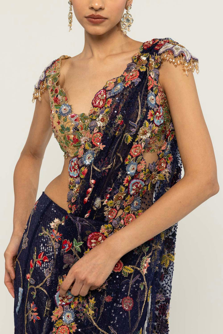 Anar Bel Hand-Embroidered Saree Set in Navy