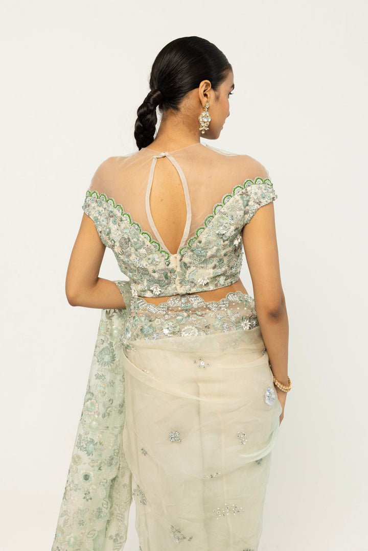 Himadri Hand-Embroidered Saree Set in Mint Ombre and Ivory