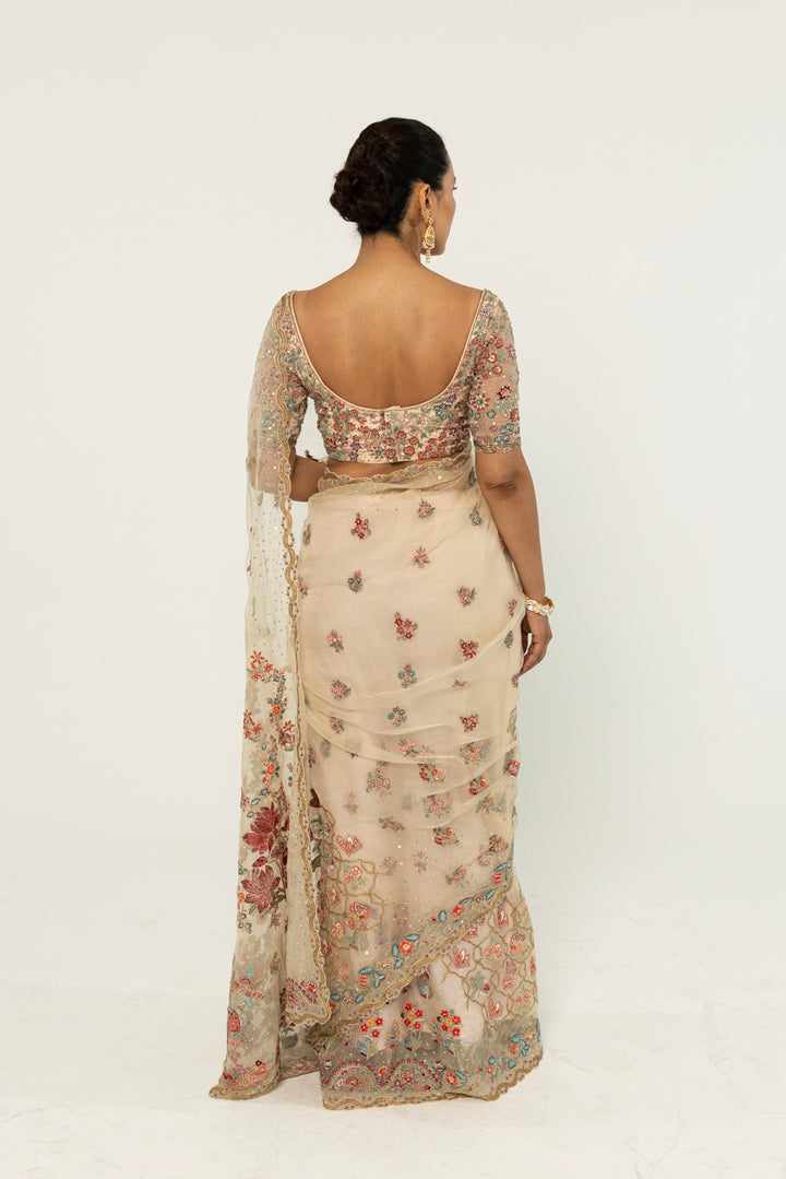 Chintz Hand-Embroidered Saree in Ivory