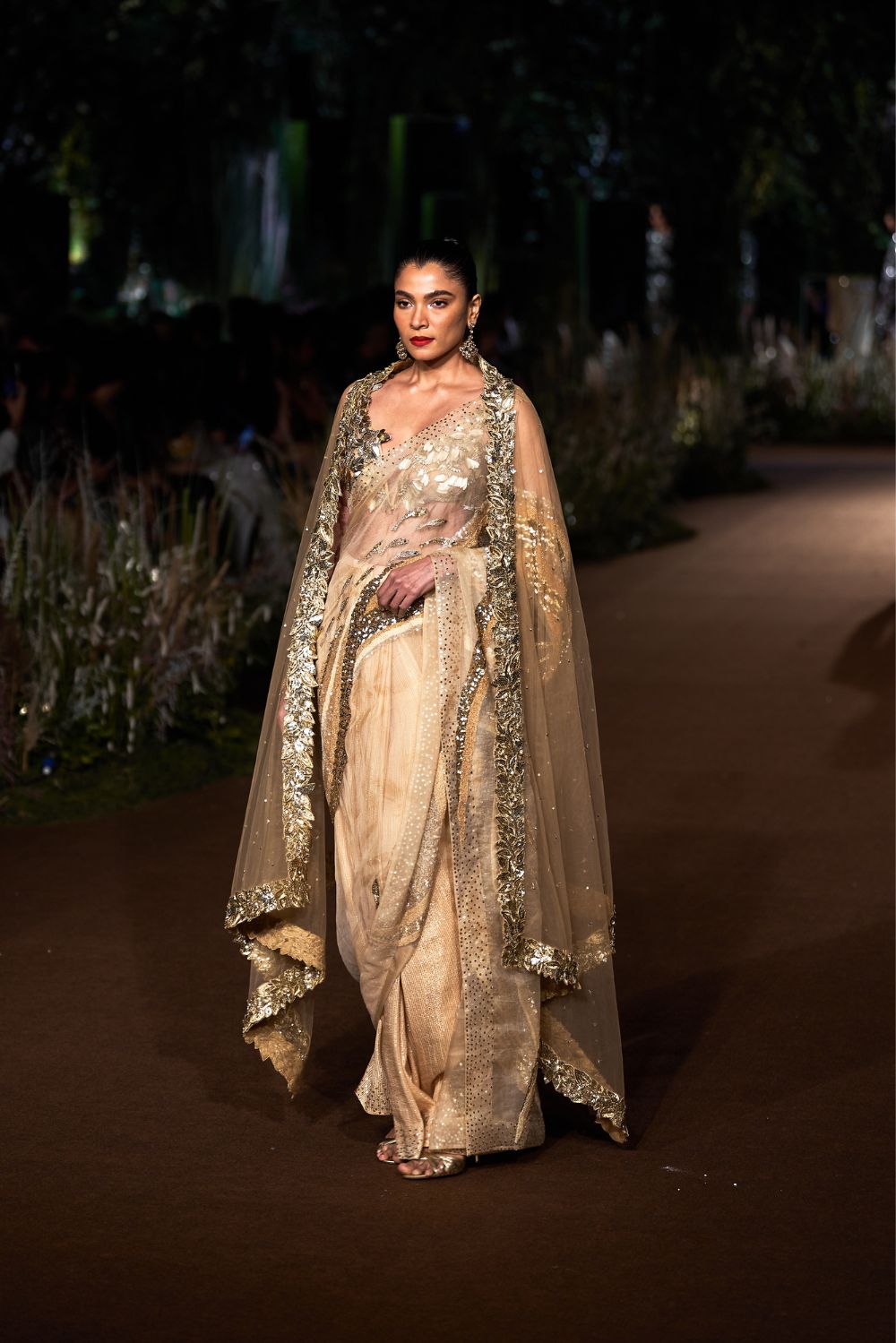 Water Wave 3D Hand-Embroidered Saree with Verdure Blouse and Tree Of Life Dupatta in Nude and Gold