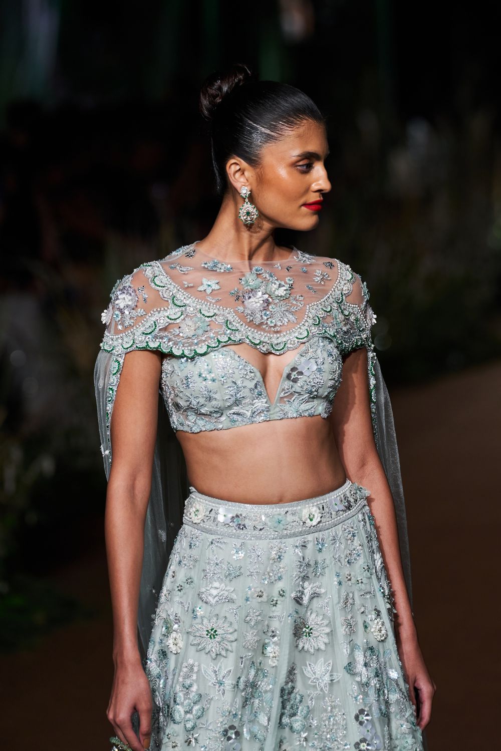 Himadri Silk Organza Lehenga Set with Hand-Embroidered Blouse and Cape in Mint