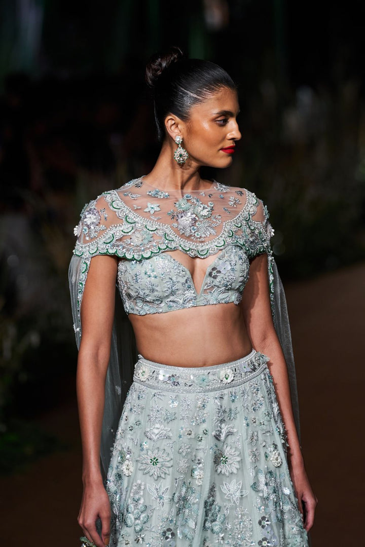 Himadri Silk Organza Lehenga Set with Hand-Embroidered Blouse and Cape in Mint