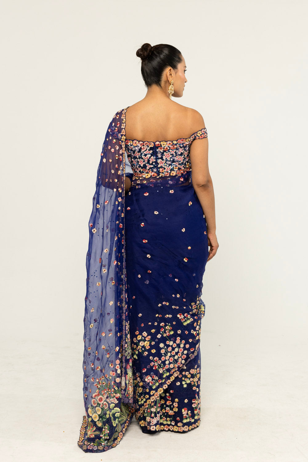 Verdure Hand-Embroidered Saree Set in Ink Blue