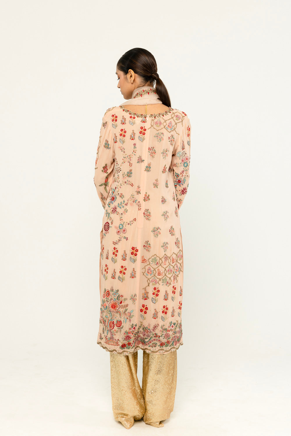Chintz Hand-Embroidered Kurta Set in Peach