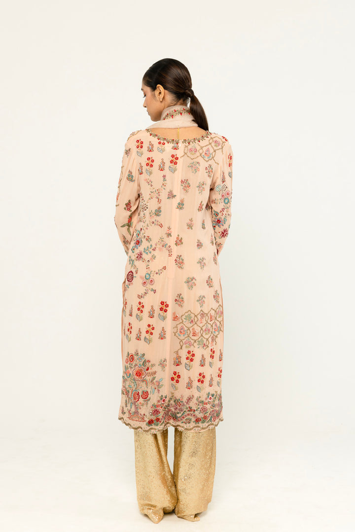 Chintz Hand-Embroidered Kurta Set in Peach