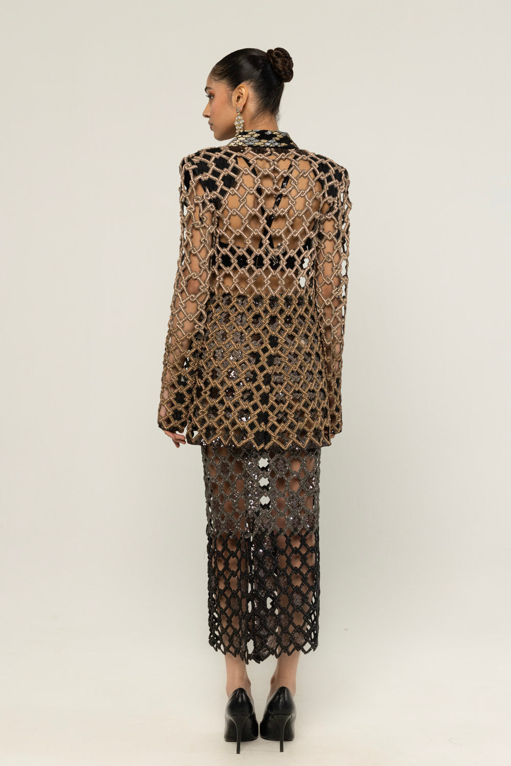 Lattice Hand-Embroidered Jacket Set in Black and Gold