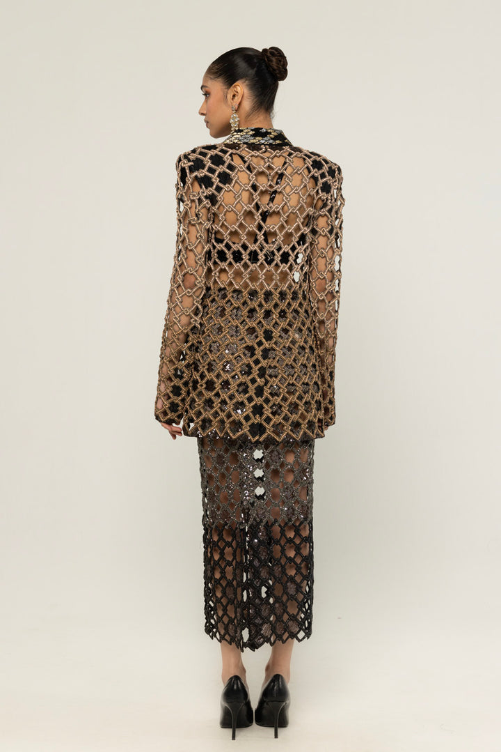 Lattice Hand-Embroidered Jacket Set in Black and Gold