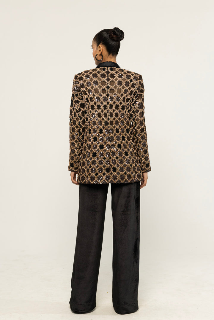 Lattice Hand-Embroidered Jacket in Black and Gold