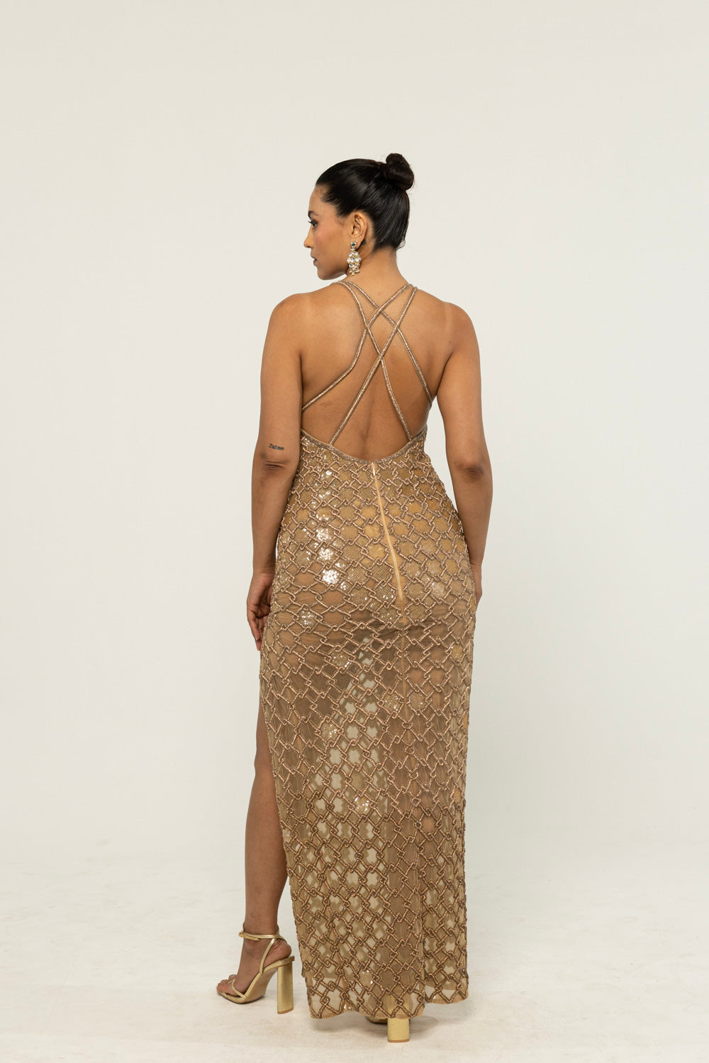 Lattice Hand-Embroidered Gown in Nude