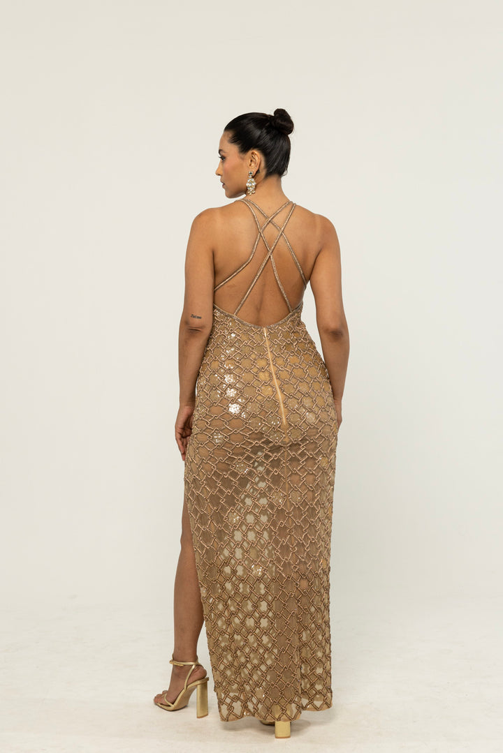 Lattice Hand-Embroidered Gown in Nude