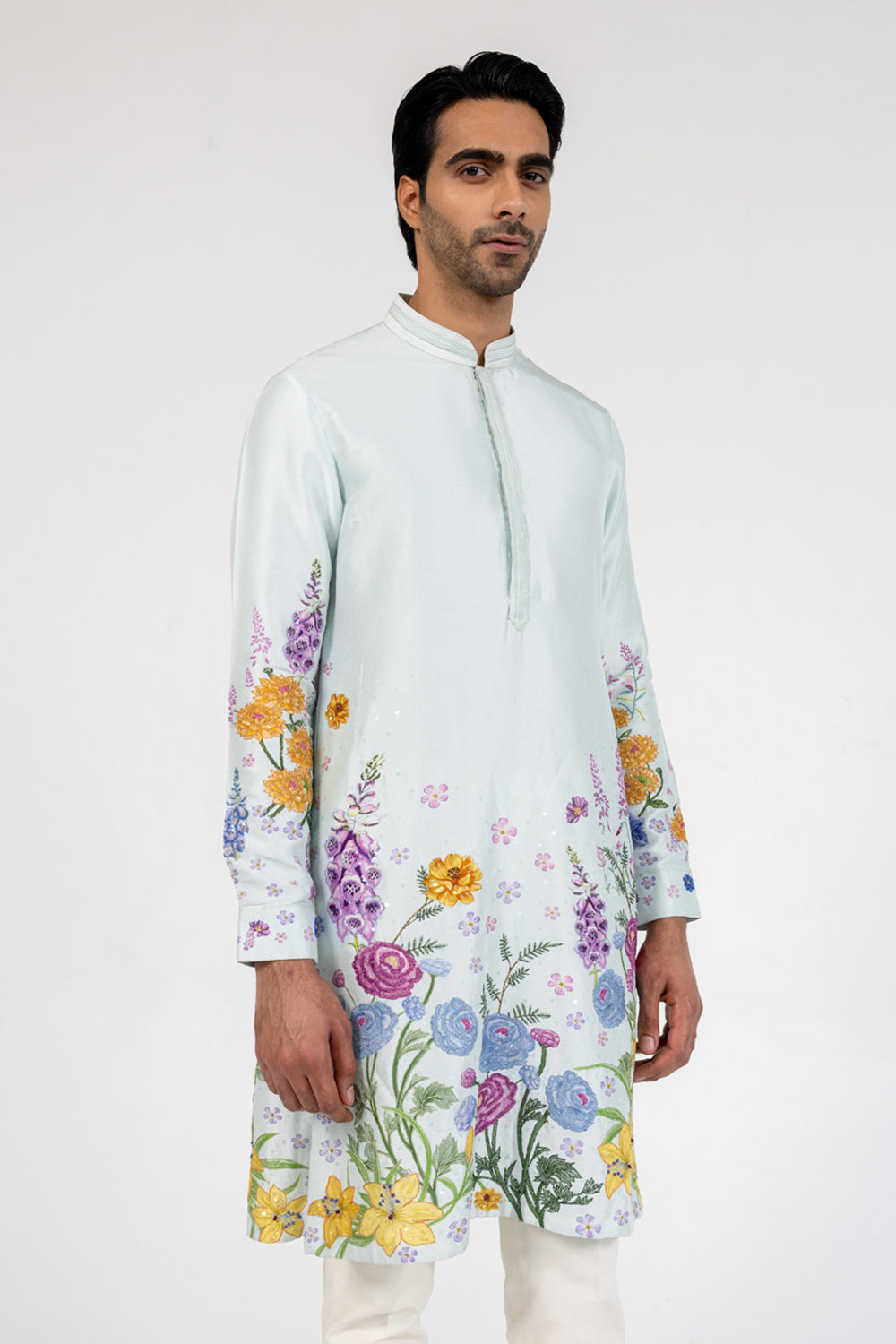 Valley Of Flowers Hand-Embroidered Kurta in Powder Blue