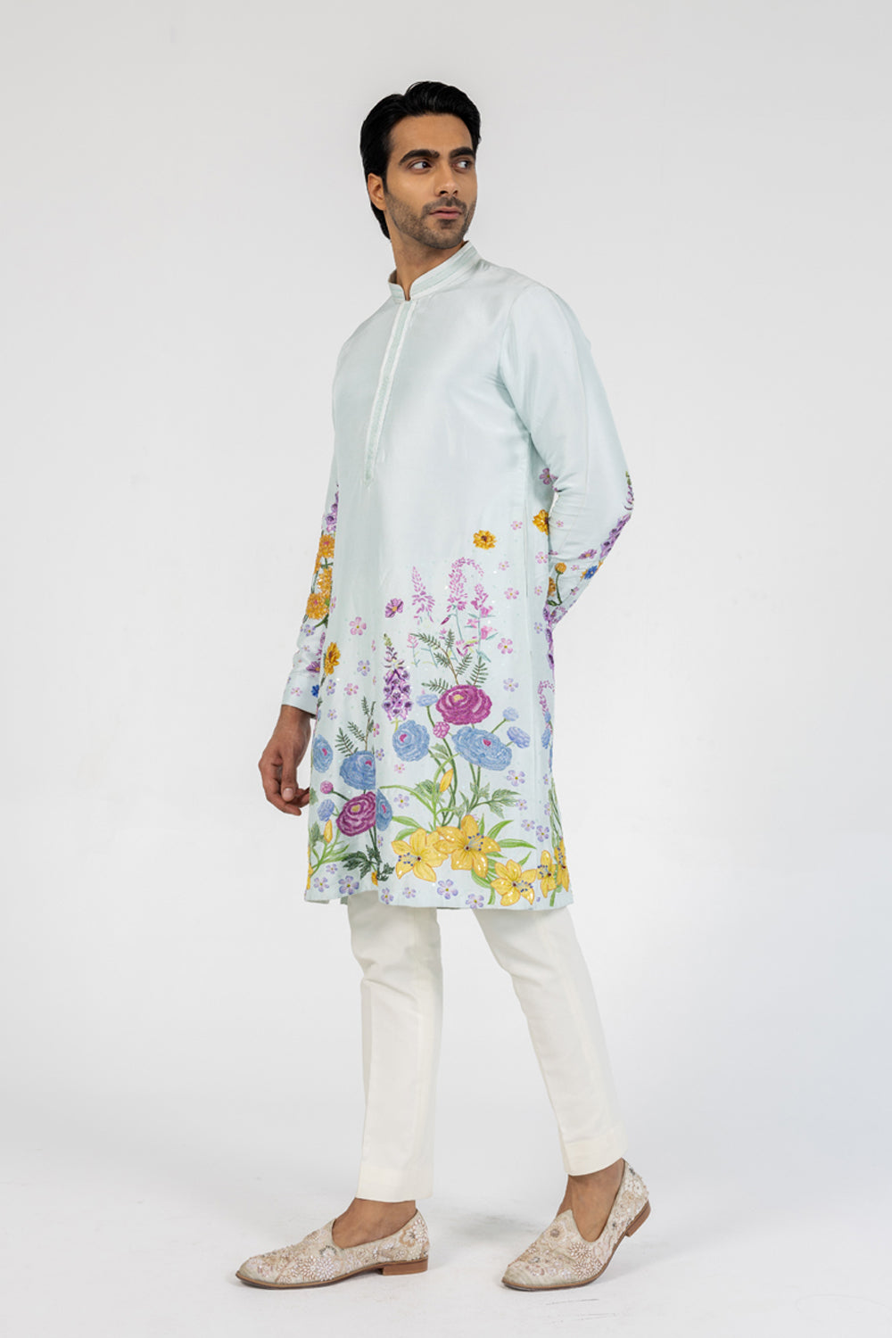 Valley Of Flowers Hand-Embroidered Kurta in Powder Blue
