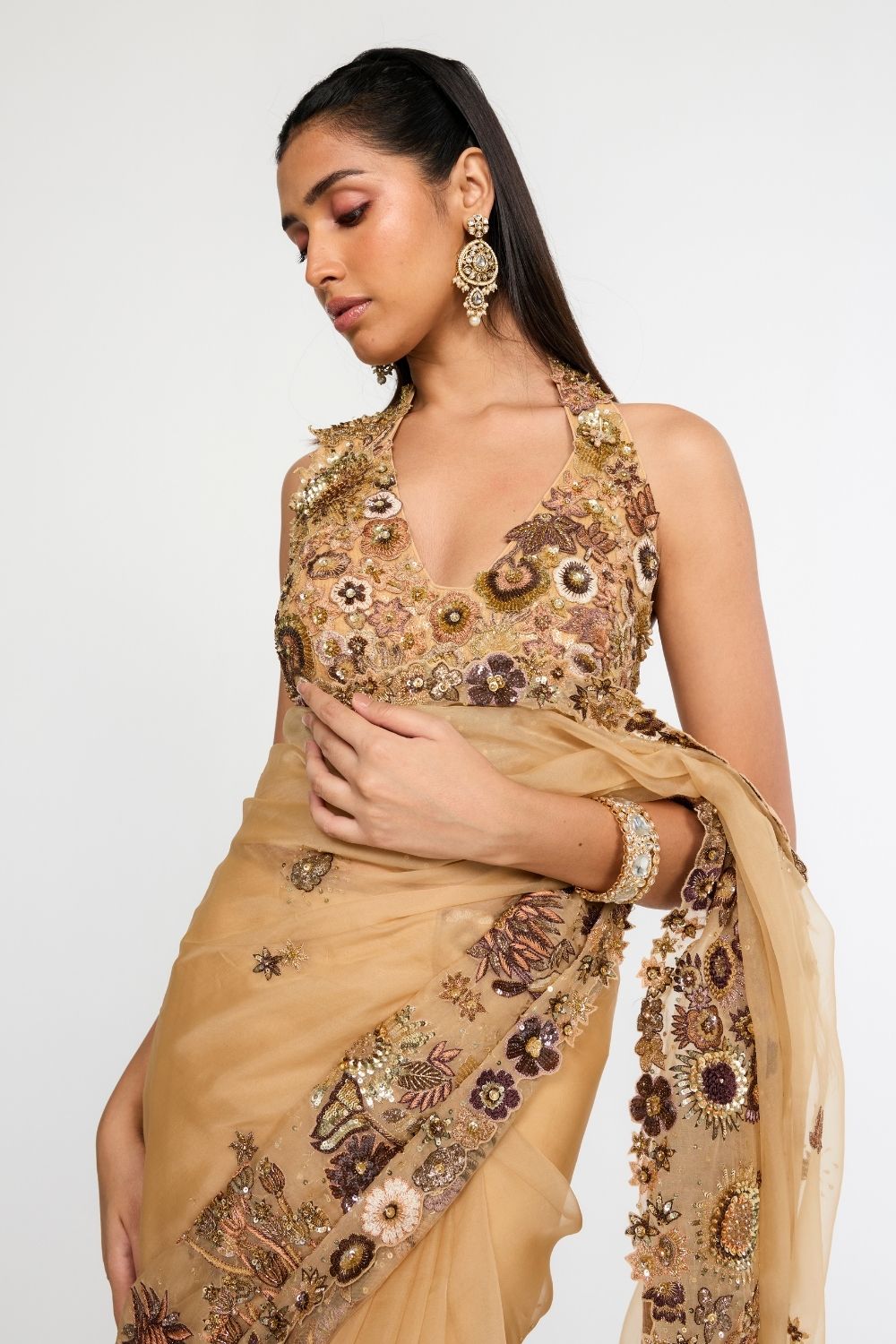 Garden Of Time 3D Hand-Embroidered Blouse with Saree in Nude and Bronze