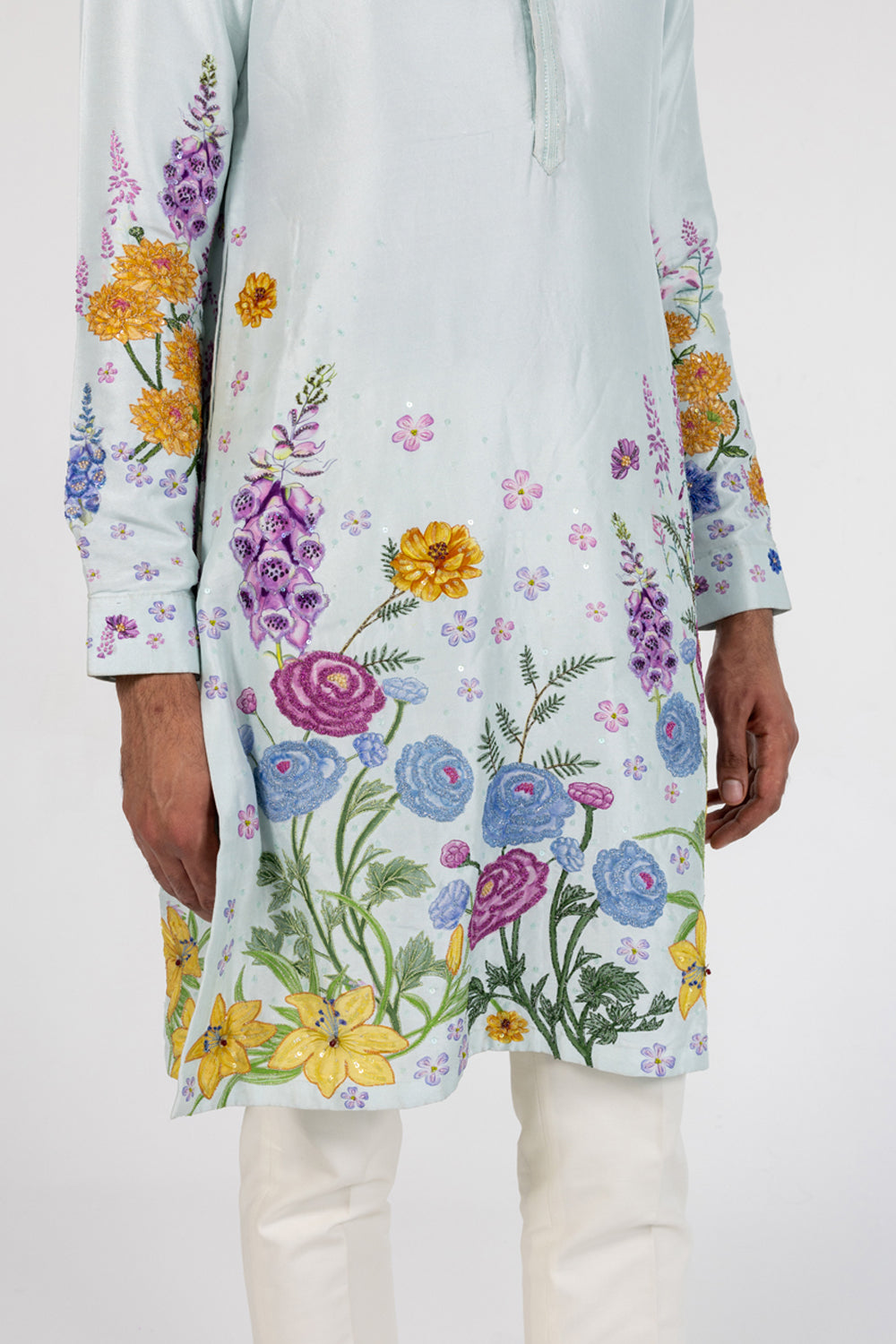 Valley Of Flowers Hand-Embroidered Kurta in Powder Blue