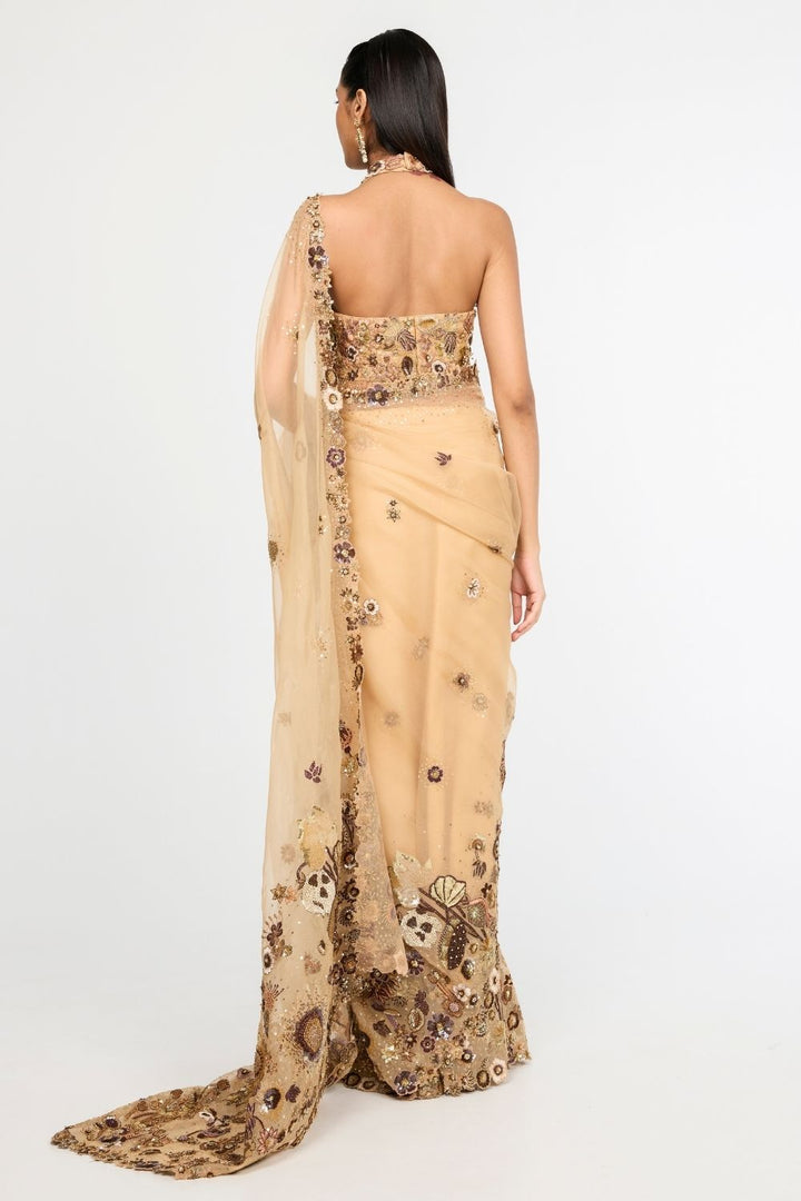 Garden Of Time 3D Hand-Embroidered Blouse with Saree in Nude and Bronze