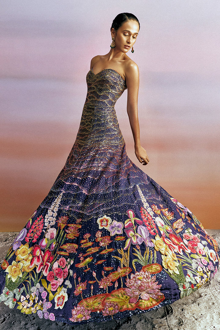 Corbett Hand-Embroidered Gown in Navy