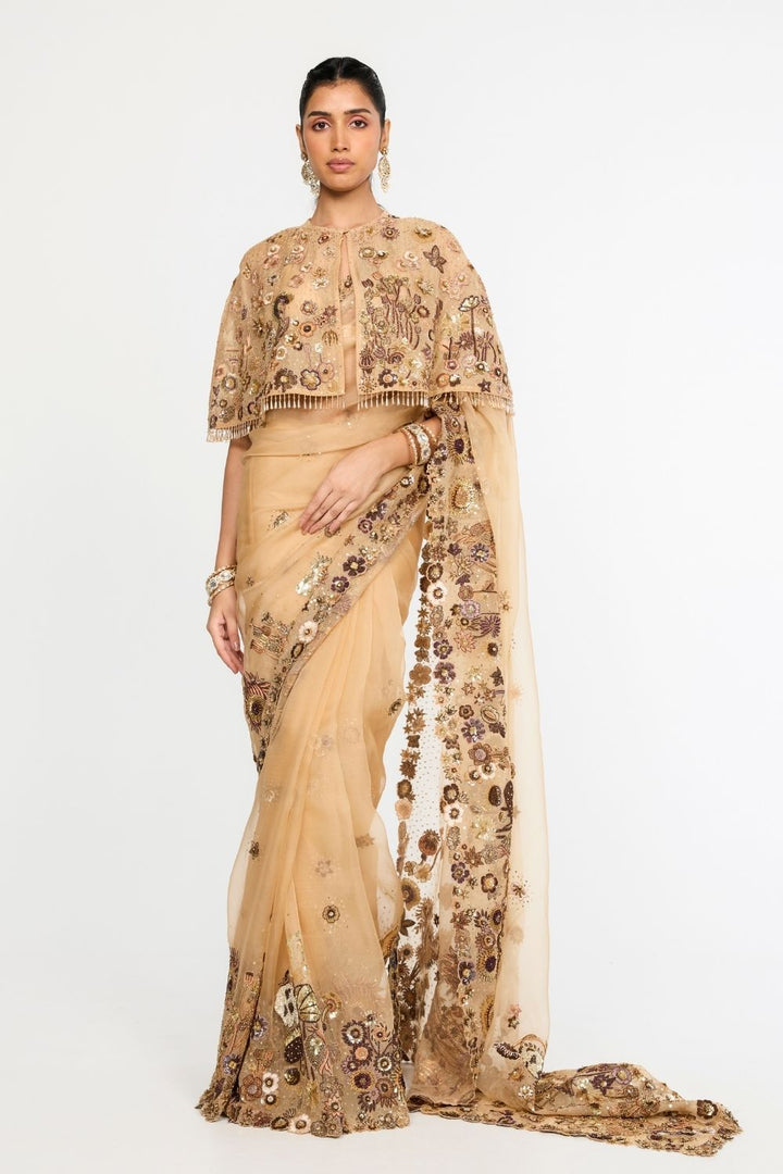 Garden Of Time Tasselled Hand-Embroidered Cape in Nude and Bronze