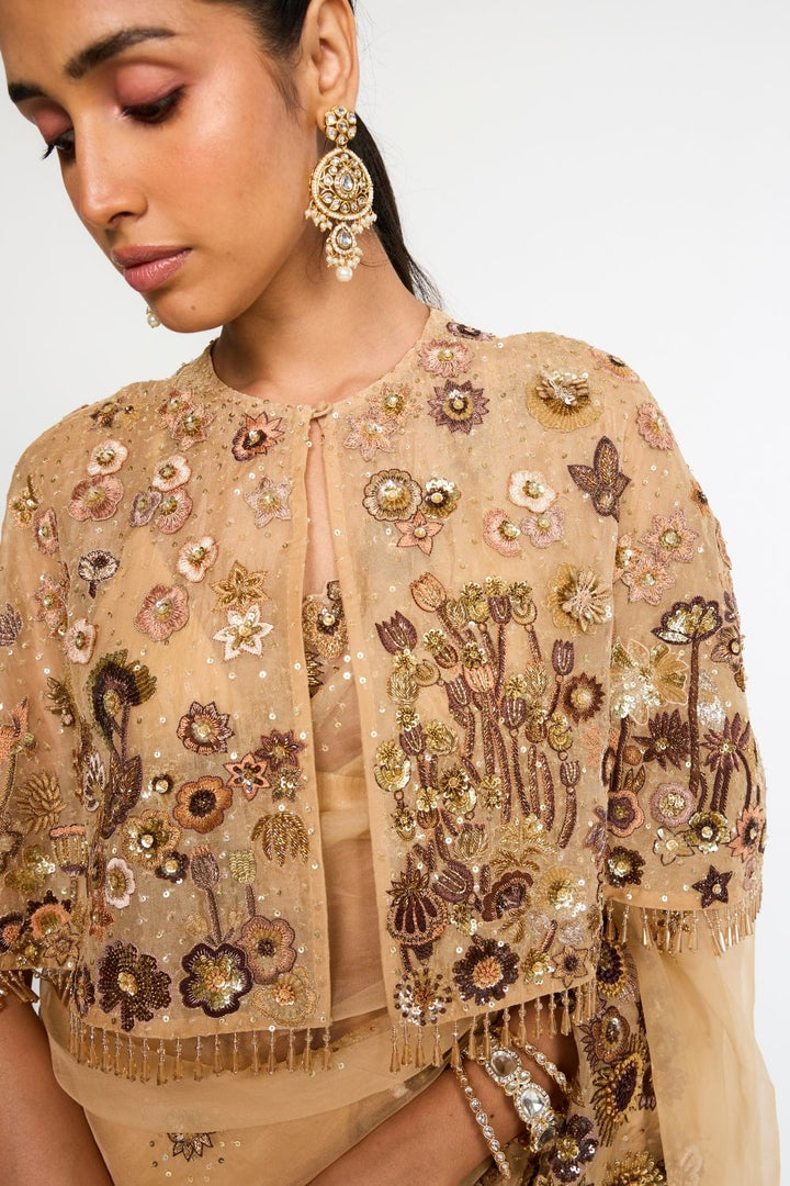 Garden Of Time Tasselled Hand-Embroidered Cape in Nude and Bronze
