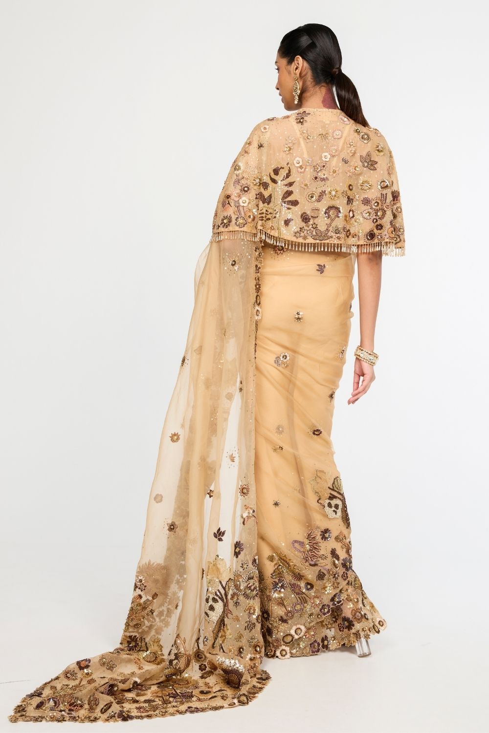 Garden Of Time Tasselled Hand-Embroidered Cape in Nude and Bronze