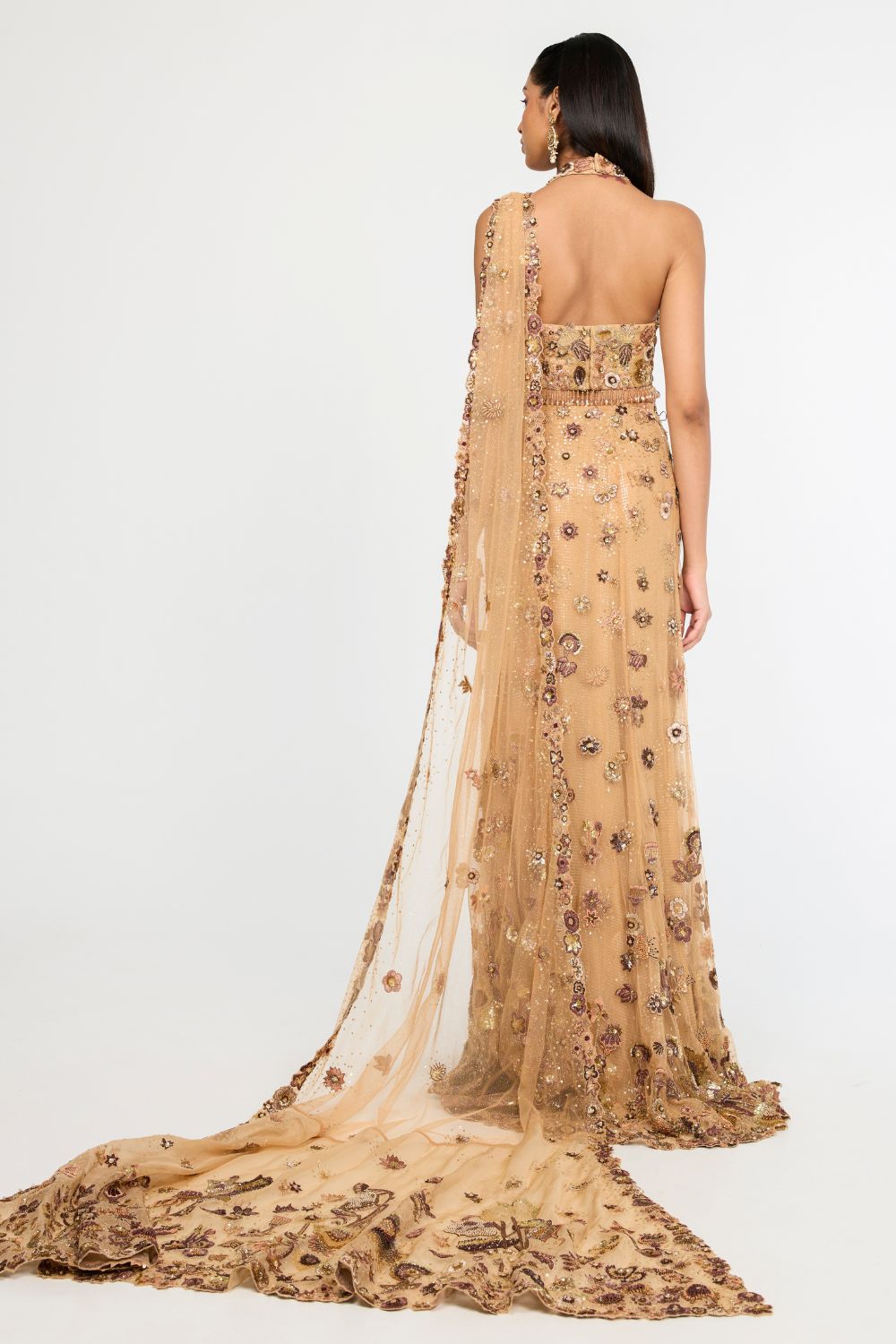 Garden Of Time Hand-Embroidered Blouse with Saree in Nude and Bronze