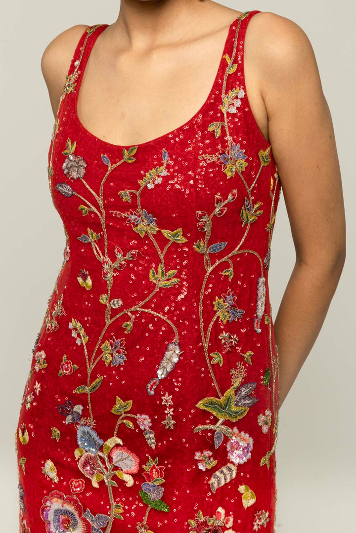 Anar Bel Hand-Embroidered Gown in Red