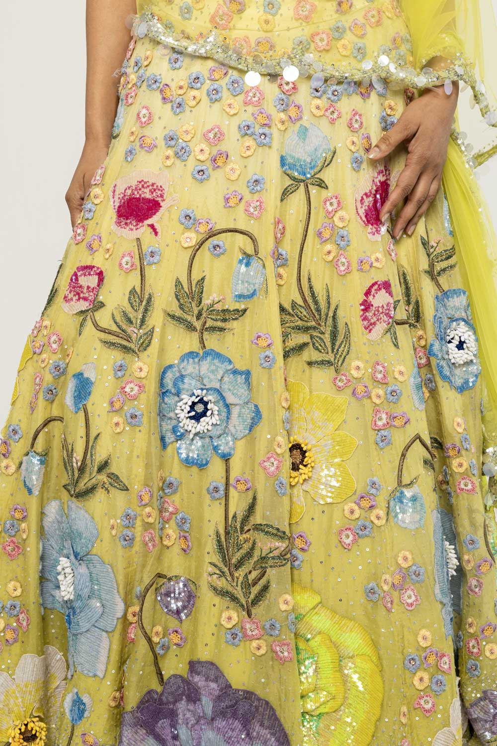 Peonies Hand-Embroidered Lehenga Set in Lime Ombre