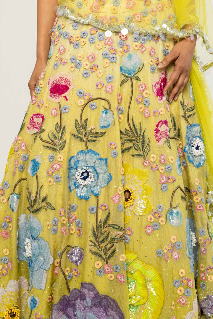 Peonies Hand-Embroidered Lehenga Set in Lime Ombre