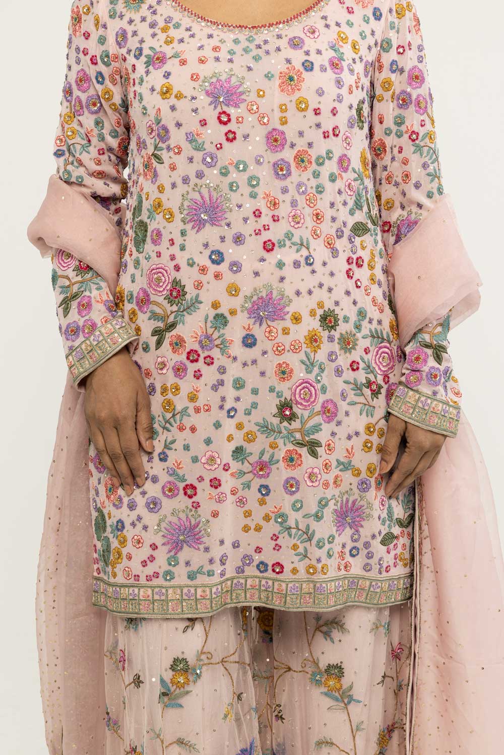 Haveli Hand-Embroidered Sharara Set in Lavender